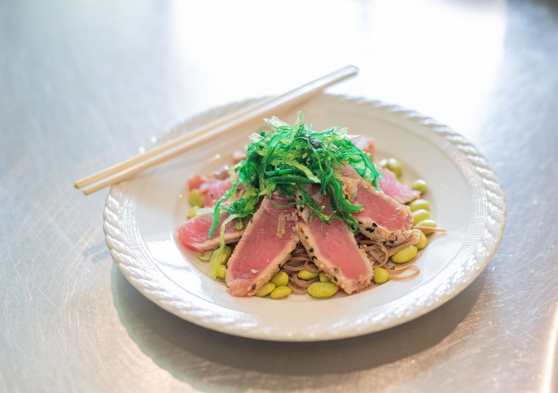 Buckwheat noodle and edamame salad with seared ahi tuna and seaweed